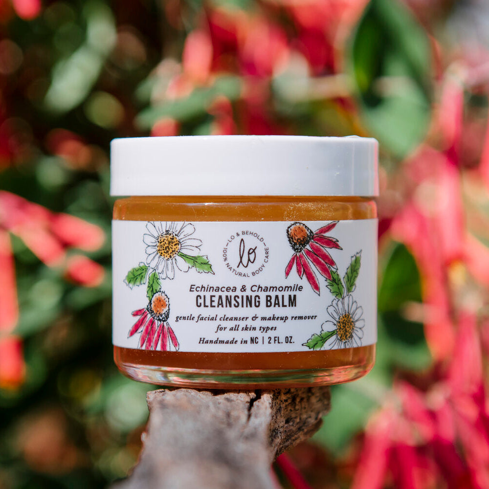 Echinacea & Chamomile Cleansing Balm with locally grown echinacea, chamomile, and burdock root. Nourishing makeup remover and cleanser, rich in antioxidants and essential oils, ideal for all skin types