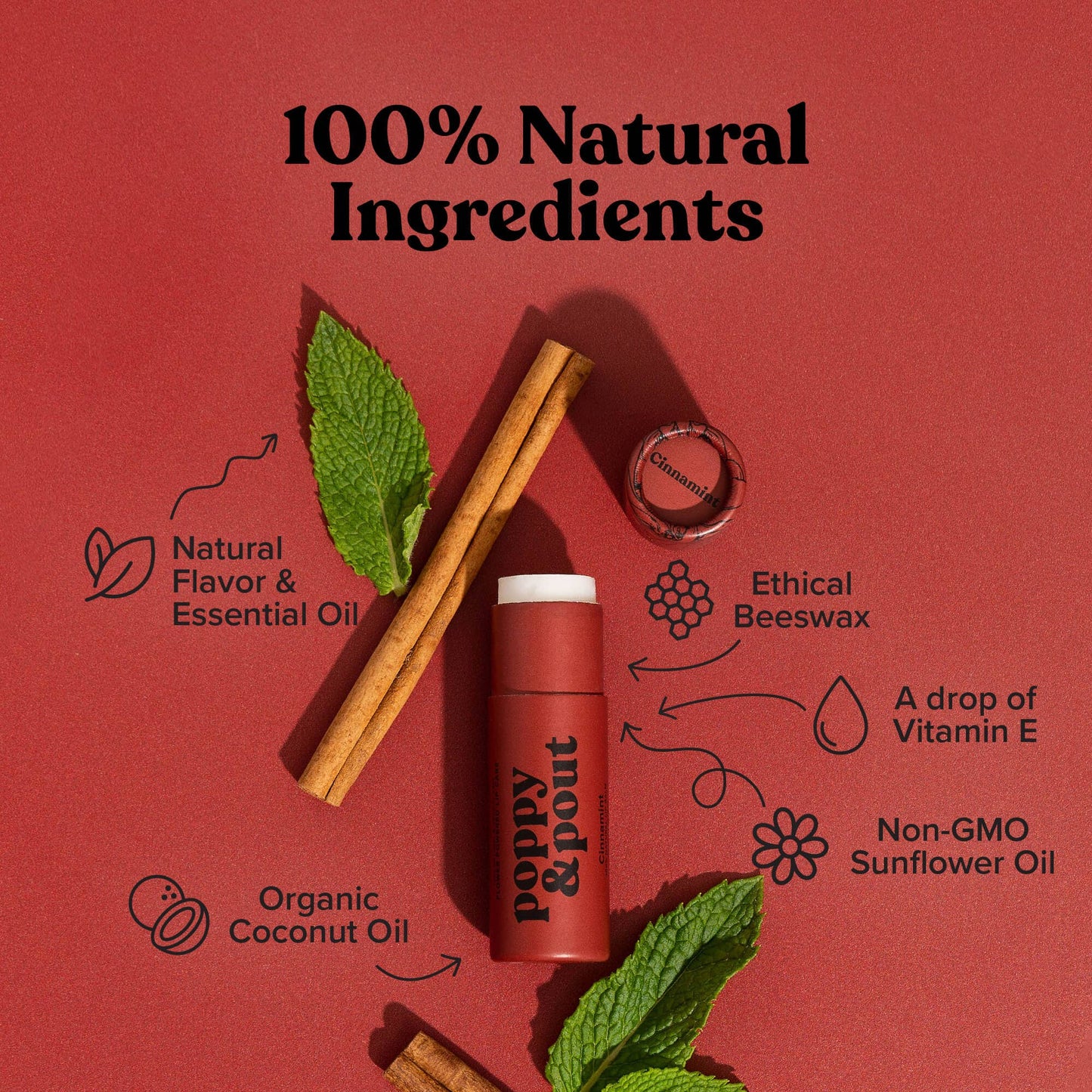 Handmade Poppy & Pout Natural Lip Balm in Sweet Mint, Island Coconut, and Cinnamint. 100% natural, cruelty-free, and packed with hydrating organic coconut oil, beeswax, and sunflower oil for soft, nourished lips.