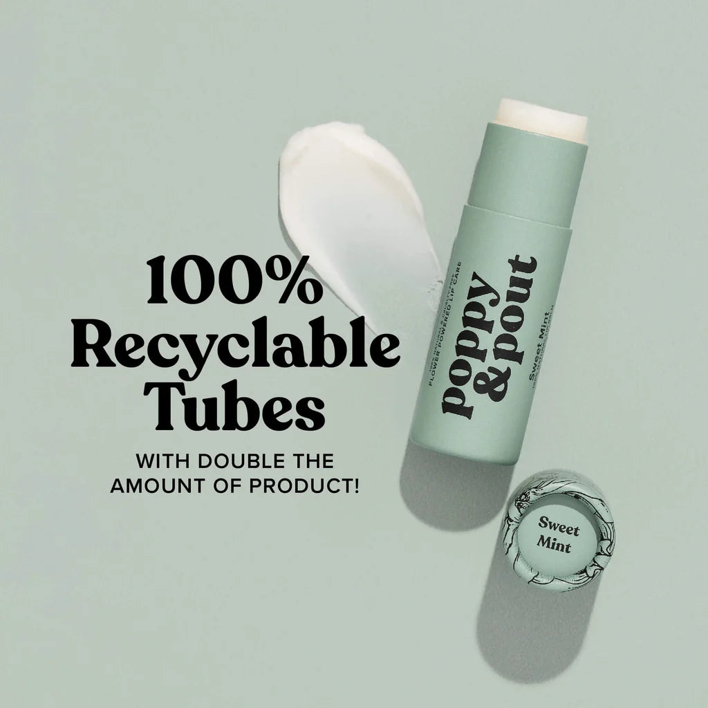 Handmade Poppy & Pout Natural Lip Balm in Sweet Mint, Island Coconut, and Cinnamint. 100% natural, cruelty-free, and packed with hydrating organic coconut oil, beeswax, and sunflower oil for soft, nourished lips.