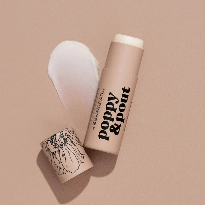 Handmade Poppy & Pout Natural Lip Balm in Sweet Mint, Island Coconut, and Cinnamint. 100% natural, cruelty-free, and packed with hydrating organic coconut oil, beeswax, and sunflower oil for soft, nourished lips.