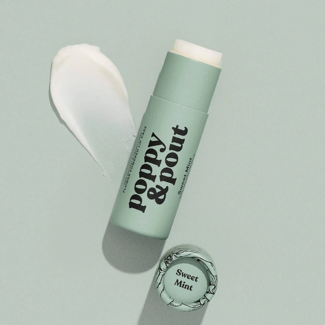 Handmade Poppy & Pout Natural Lip Balm in Sweet Mint, Island Coconut, and Cinnamint. 100% natural, cruelty-free, and packed with hydrating organic coconut oil, beeswax, and sunflower oil for soft, nourished lips.
