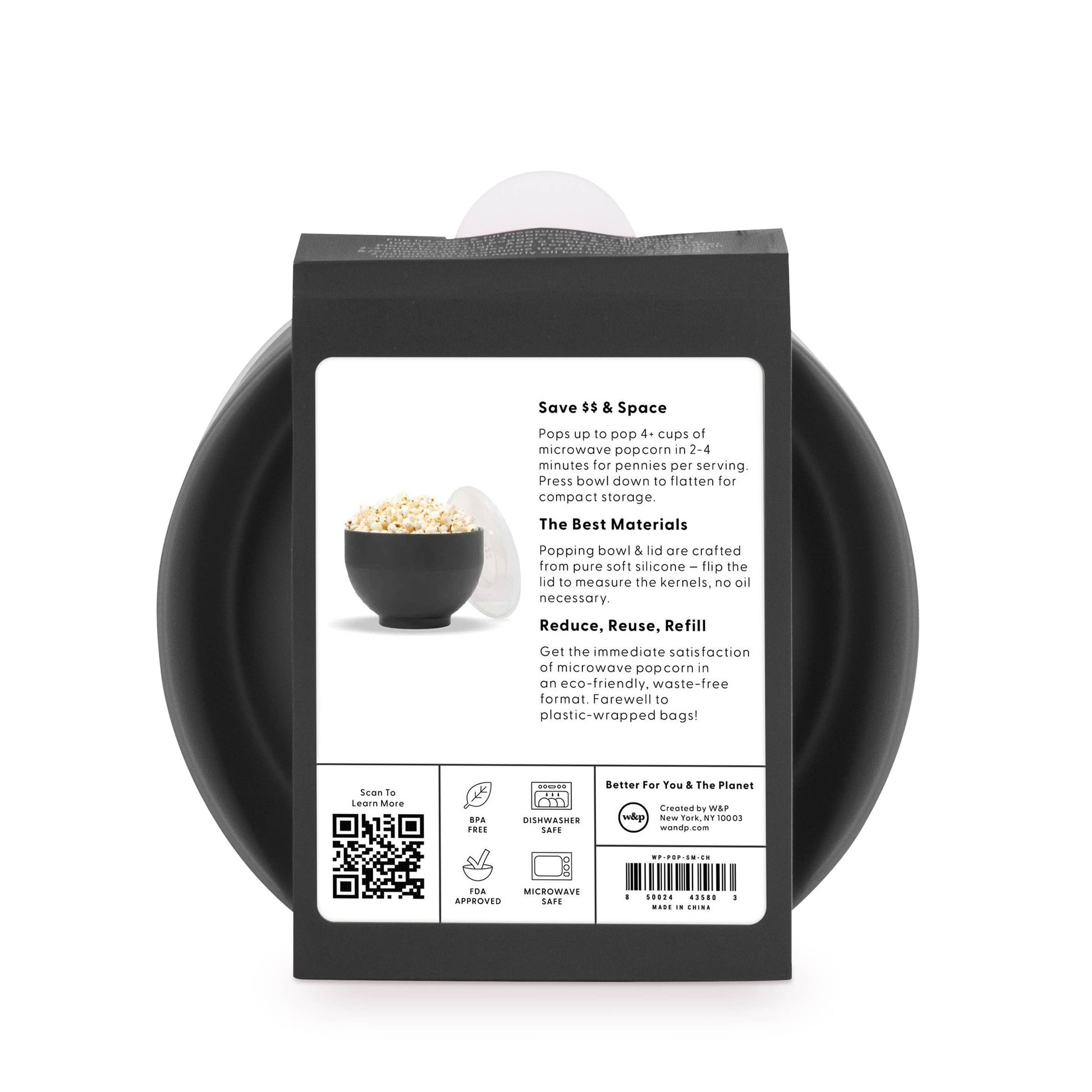 W&P Popcorn Popper—an eco-friendly, collapsible silicone bowl that makes 9 cups of fresh popcorn in just minutes. Features a built-in measuring lid for easy portioning and is microwave and dishwasher safe. Perfect for mess-free, waste-free snacking with your favorite seasonings and toppings