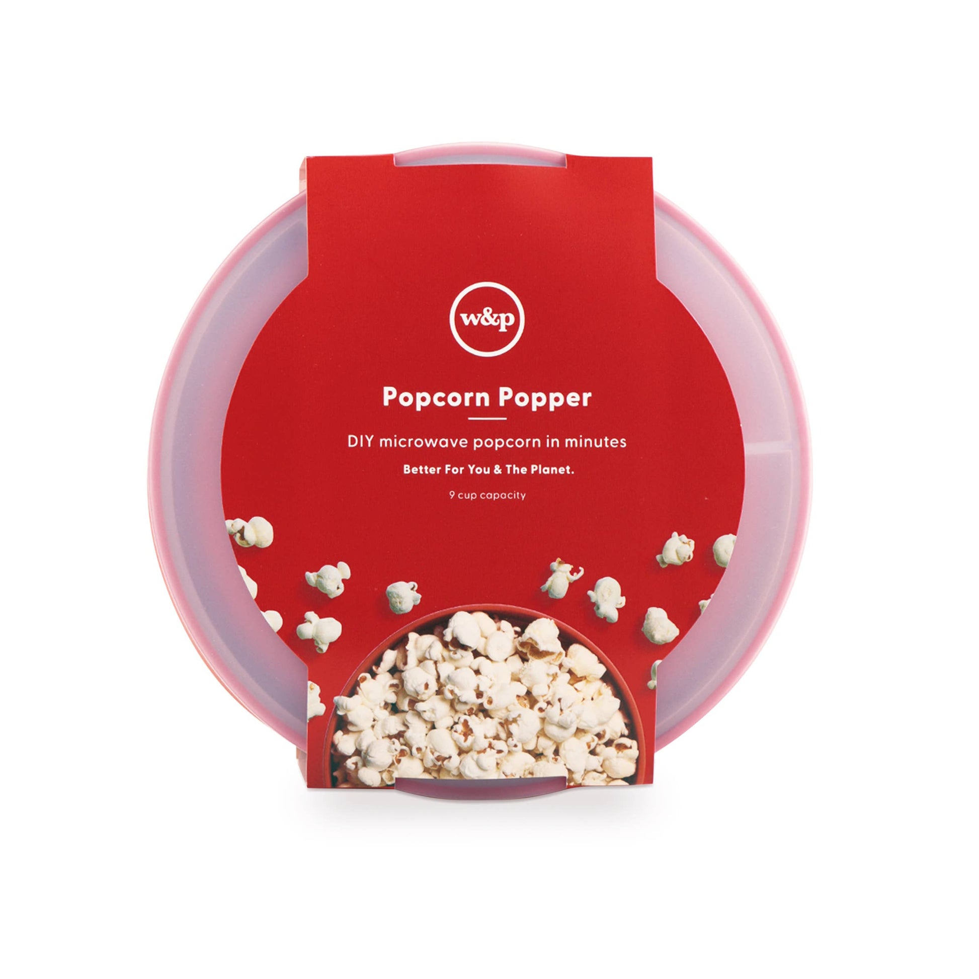 W&P Popcorn Popper—an eco-friendly, collapsible silicone bowl that makes 9 cups of fresh popcorn in just minutes. Features a built-in measuring lid for easy portioning and is microwave and dishwasher safe. Perfect for mess-free, waste-free snacking with your favorite seasonings and toppings