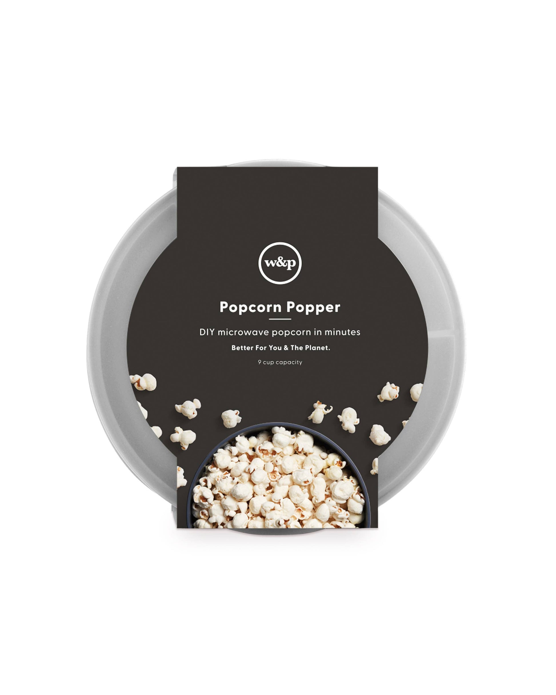 W&P Popcorn Popper—an eco-friendly, collapsible silicone bowl that makes 9 cups of fresh popcorn in just minutes. Features a built-in measuring lid for easy portioning and is microwave and dishwasher safe. Perfect for mess-free, waste-free snacking with your favorite seasonings and toppings