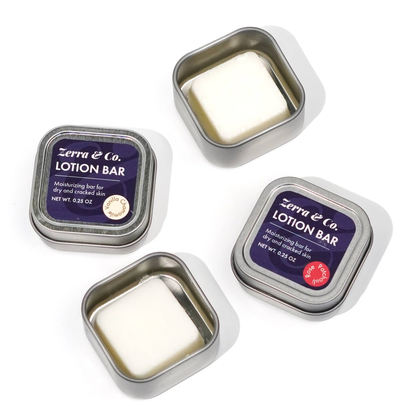 Zerra & Co. waterless lotion bar in a reusable metal tin. Made with shea butter and mango butter for deep hydration, lightweight and non-greasy, plastic-free, vegan, and cruelty-free.