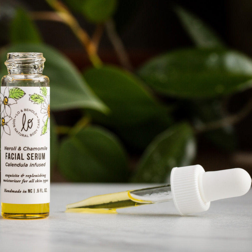 Fillaree Lo & Behold Neroli & Chamomile Facial Serum with locally grown calendula, argan, jojoba, and camellia oils. Hydrating, soothing, and ideal for all skin types