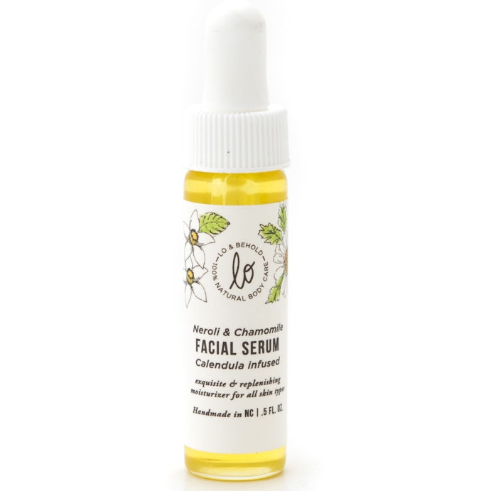 Fillaree Lo & Behold Neroli & Chamomile Facial Serum with locally grown calendula, argan, jojoba, and camellia oils. Hydrating, soothing, and ideal for all skin types