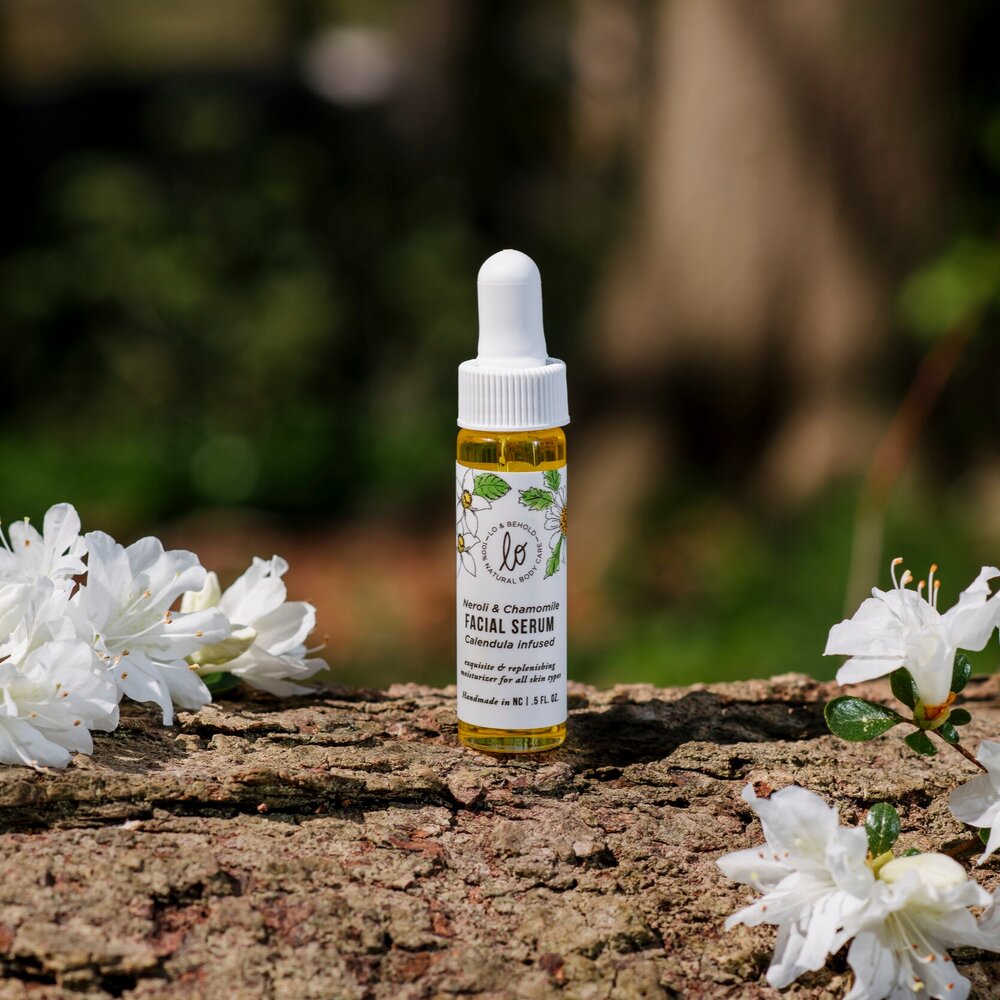 Fillaree Lo & Behold Neroli & Chamomile Facial Serum with locally grown calendula, argan, jojoba, and camellia oils. Hydrating, soothing, and ideal for all skin types