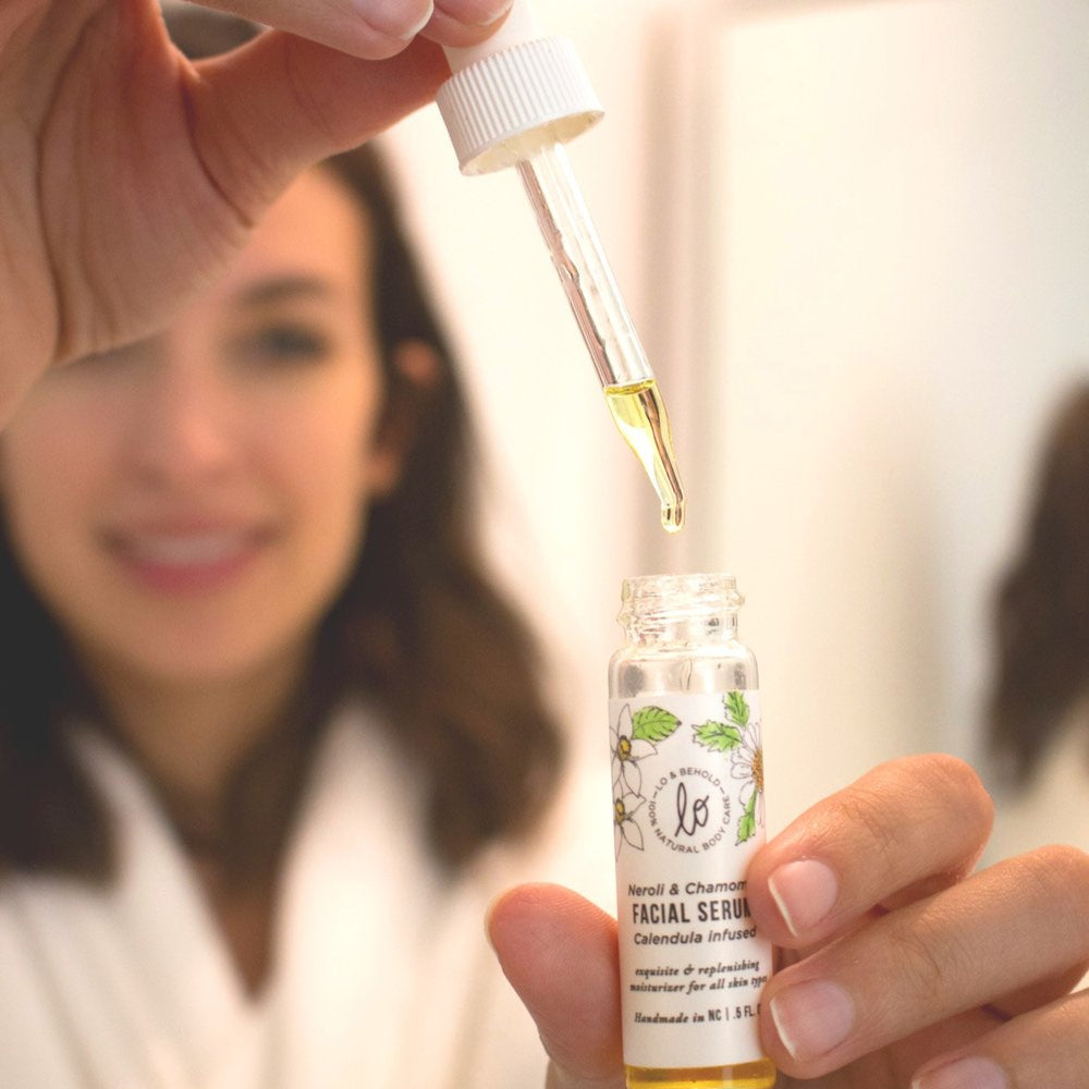 Fillaree Lo & Behold Neroli & Chamomile Facial Serum with locally grown calendula, argan, jojoba, and camellia oils. Hydrating, soothing, and ideal for all skin types