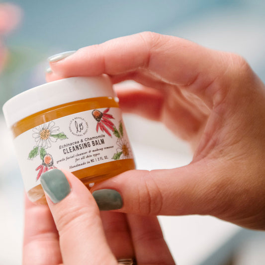 Echinacea & Chamomile Cleansing Balm with locally grown echinacea, chamomile, and burdock root. Nourishing makeup remover and cleanser, rich in antioxidants and essential oils, ideal for all skin types