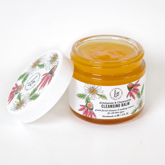 Echinacea & Chamomile Cleansing Balm with locally grown echinacea, chamomile, and burdock root. Nourishing makeup remover and cleanser, rich in antioxidants and essential oils, ideal for all skin types