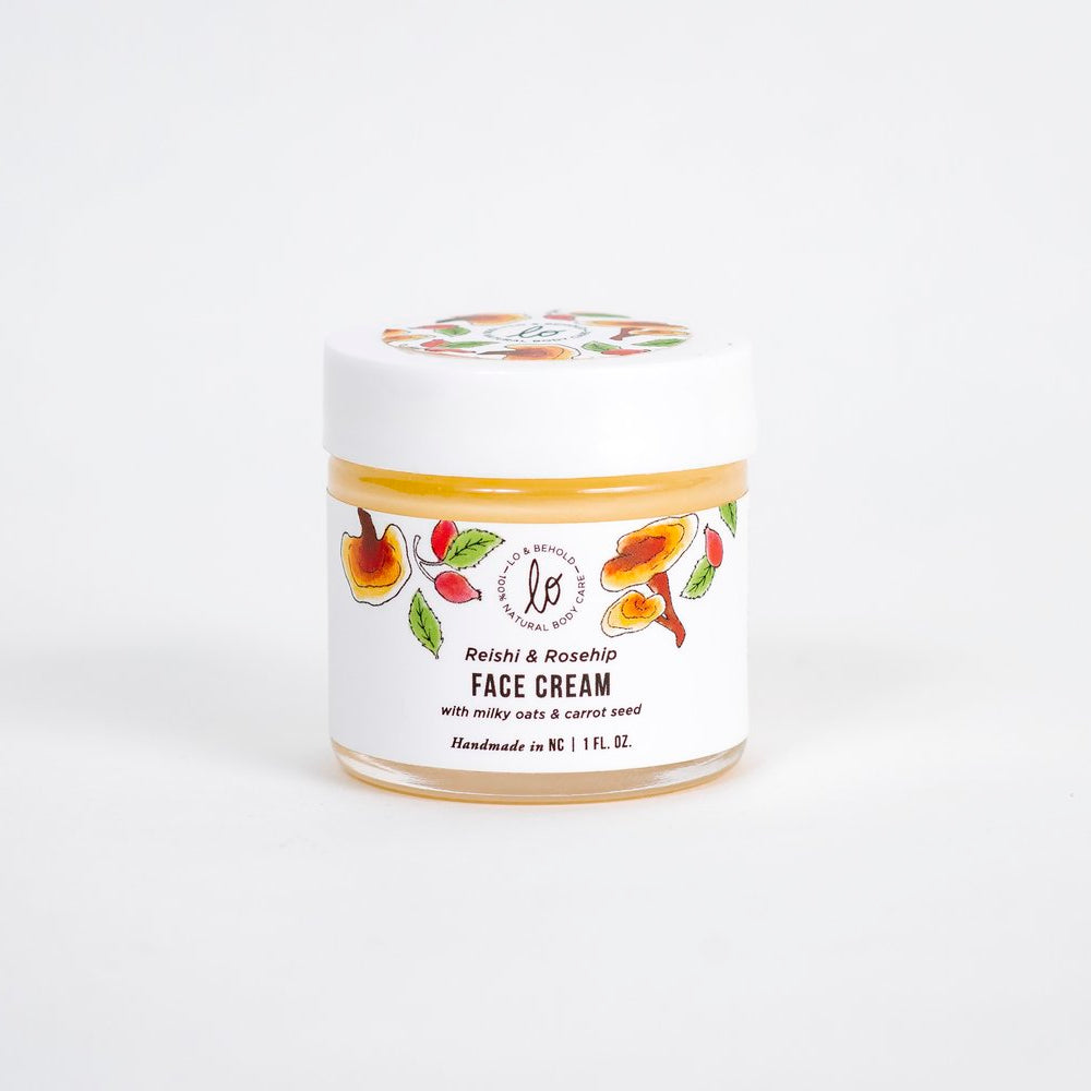 Fillaree Lo & Behold Reishi & Rosehip Face Cream with locally grown milky oats and marshmallow root, reishi mushroom, mango and kokum butters, and rosehip oil. Deeply moisturizing, rejuvenating, and ideal for all skin types, especially dry and sensitive skin