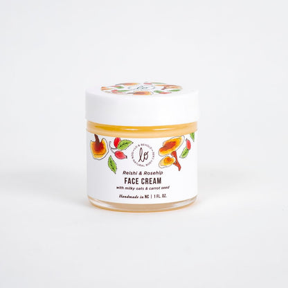 Fillaree Lo & Behold Reishi & Rosehip Face Cream with locally grown milky oats and marshmallow root, reishi mushroom, mango and kokum butters, and rosehip oil. Deeply moisturizing, rejuvenating, and ideal for all skin types, especially dry and sensitive skin