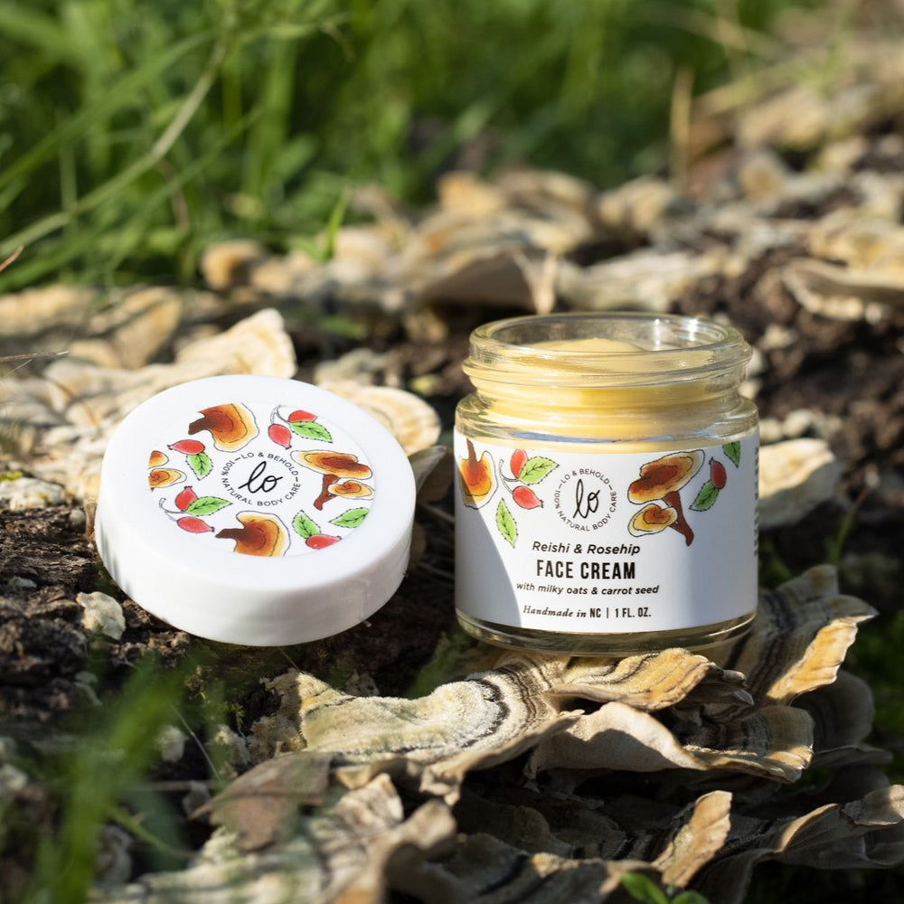 Fillaree Lo & Behold Reishi & Rosehip Face Cream with locally grown milky oats and marshmallow root, reishi mushroom, mango and kokum butters, and rosehip oil. Deeply moisturizing, rejuvenating, and ideal for all skin types, especially dry and sensitive skin