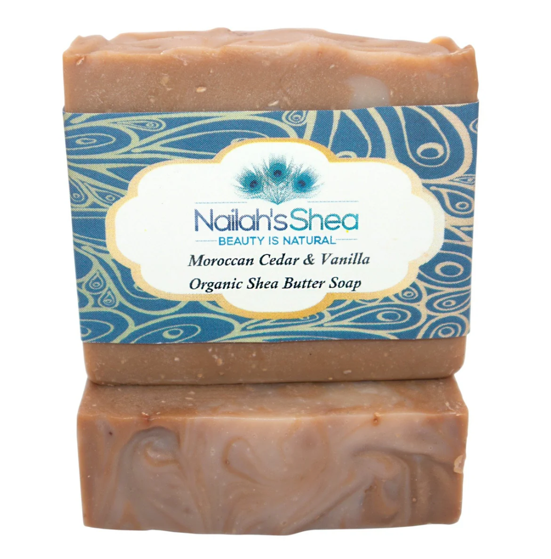 Nailah's Shea Moroccan Ghassoul Clay Soap – 100% natural, certified organic, and ethically sourced. Infused with Moroccan Ghassoul clay for skin detoxification, Cedarwood Atlas for oily and acne-prone skin, Bergamot for a bright complexion, and Vanilla for antioxidant protection. Vegan, paraben-free, and cruelty-free.