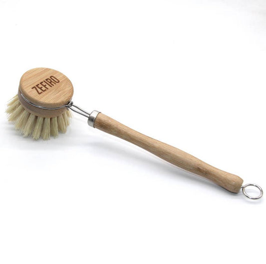 Fillaree Zefiro Bamboo Long Handle Dish Brush, biodegradable, vegan, and plastic-free. Eco-friendly dishwashing solution