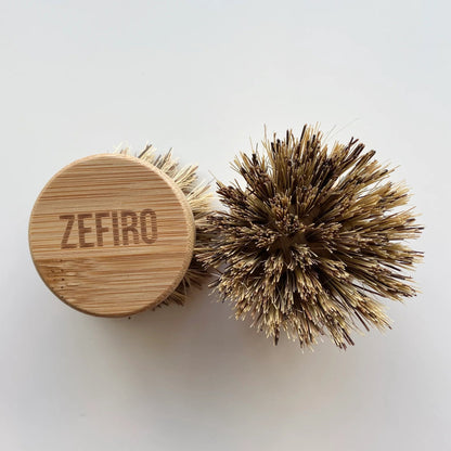 Zefiro Compostable Pot Brush Replacement Head with bamboo and sisal bristles. Eco-friendly, vegan, and compostable alternative to plastic sponges